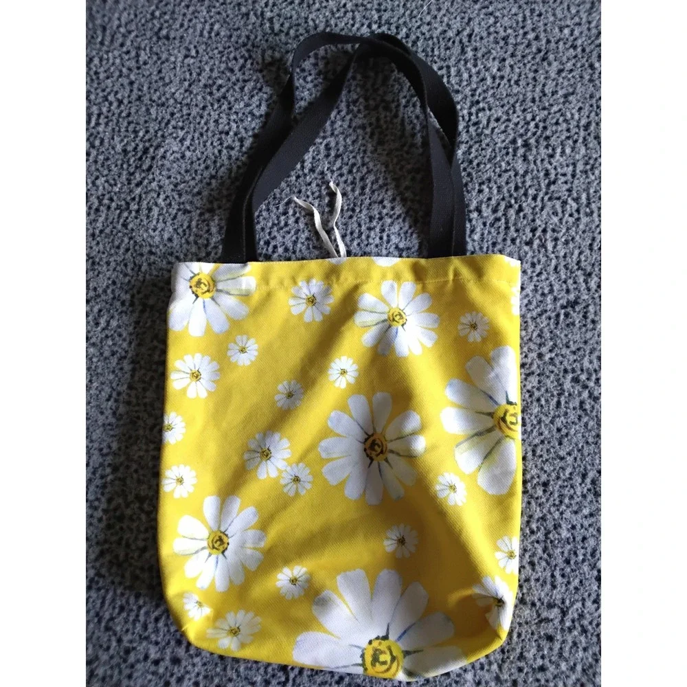 Handmade Yellow Daisy Canvas Tote Bag White Floral Print Reusable Shopper Purse